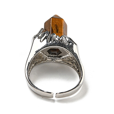 Hexagonal Prism Natural Tiger Eye Open Cuff Rings RJEW-B106-01P-06-1