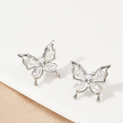 Butterfly Brass Micro Pave Cubic Zirconia Stud Earrings EJEW-M082-17P-02-1