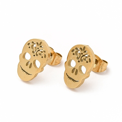 Halloween Skull with Flower 304 Stainless Steel Stud Earrings for Women EJEW-B019-05G-1