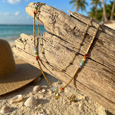 Rainbow Natural Mixed Stoned Beaded Double Layer Necklaces with Stainless Steel Heart Pendant for Beach Vacation KB9378-1-1