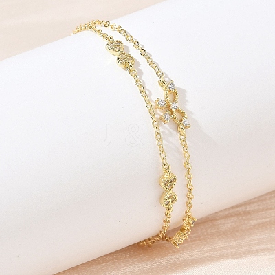 Brass Micro Pave Clear Cubic Zirconia Bowknot Link 2-Strand Bracelets KK-CBA6980-19G-1