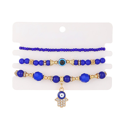 3Pcs 3 Styles Alloy & Glass Hamsa Hand Charm Anklets Sets WH-WGE7A6B-01-1