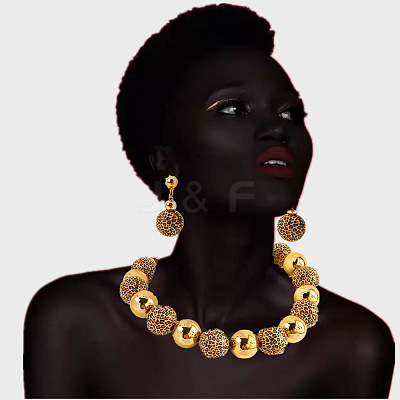Alloy & Wood & CCB Plastic Round Beaded Necklaces & Stud Dangle Earrings Sets FS-WGB5D6A-02-1