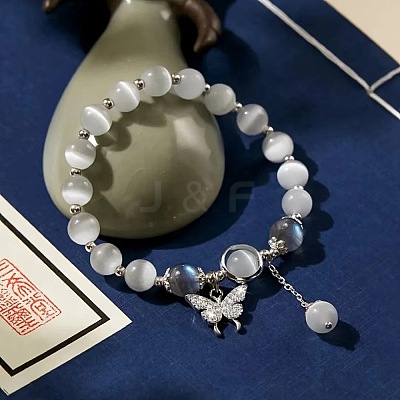 Butterfly Alloy & Cat Eye & Natural Moonstone Round Beaded Charm Bracelets for Women WG9D4EC-01-1