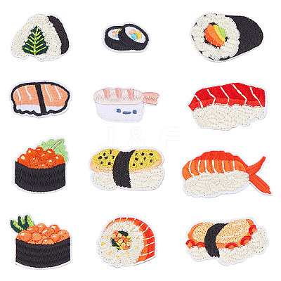 12Pcs 12 Styles Sushi Polyester Embroider Thread Iron on/Sew On Patches DIY-DC0003-87-1