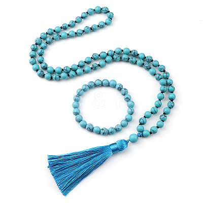 Synthetic Turquoise Round Beaded Pendant Necklaces & Bracelets Sets FS-WG9D102-12-1