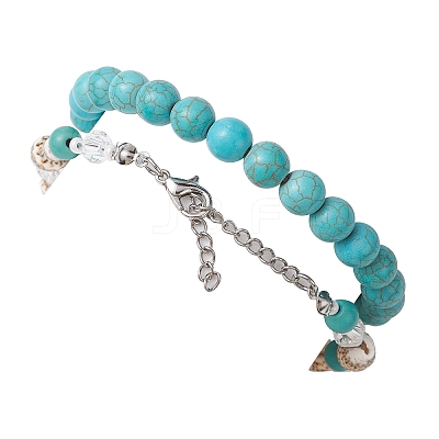 2Pcs 2 Style Synthetic Turquoise & Glass & Shell Stretch Bracelets with Tortoise BJEW-JB10091-02-1