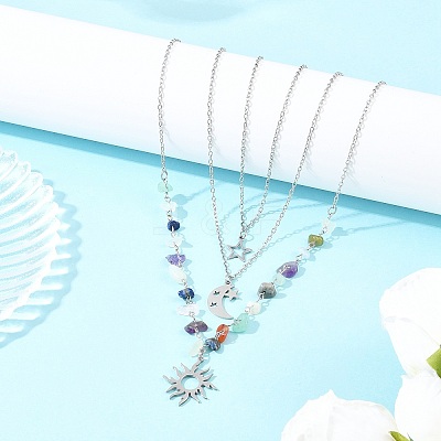 201 Stainless Steel Sun Moon Star Pendant Mixed Stone & 304 Stainless Steel Link Chain 3 Layer Necklaces for Women NJEW-JN05470-02-1