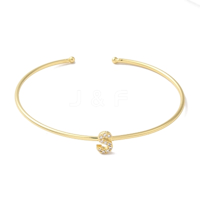 Rack Plating Brass Micro Pave Clear Cubic Zirconia Letter Open Cuff Bangles BJEW-A018-01G-S-1