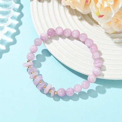 Natural Kunzite & Brass Stretch Beaded Bracelets for Women BJEW-JB14003-1