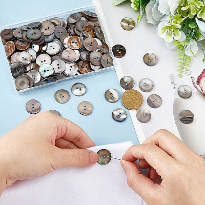 200Pcs 2-Hole Flat Round Natural Black Shell Buttons SHEL-HS0001-04-1