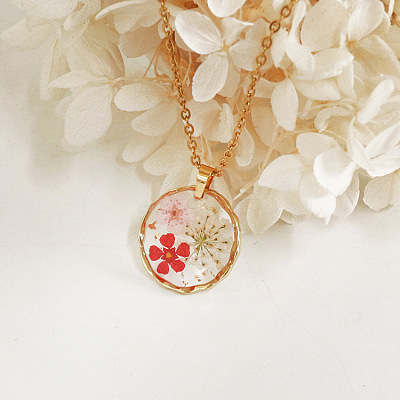 Alloy & Plastic Inner Flower Flat Round Pendant Necklaces FS-WG8915D-02-1