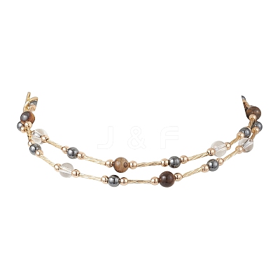 Round Synthetic Non-Magnetic Hematite & Quartz Crystal & Natural Tiger Eye and Glass Twisted Bugle Beaded Necklaces NJEW-JN05726-1
