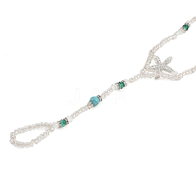 Alloy Crystal Rhinestone Starfish Round Glass Seed Beaded Stretch Toe Ring Anklets for Women AJEW-K052-01-1
