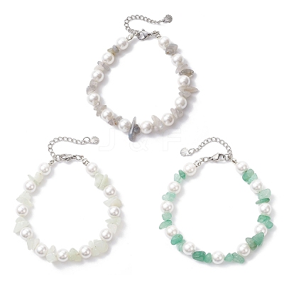 3Pcs Natural Mixed Gemstone Chip & Glass Shell Round Beaded Bracelets BJEW-JB12317-1