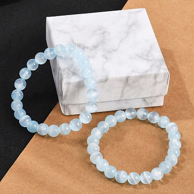Dyed Natural Selenite Round Beaded Stretch Bracelets for Women G-U005-02G-1