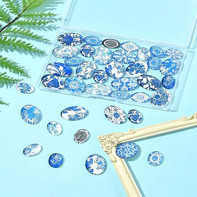 40Pcs 2 Styles Floral Theme Ornaments Glass Oval Flatback Cabochons GGLA-FS0001-10-1