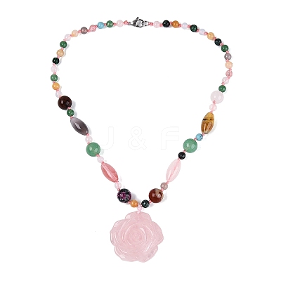 Natural & Synthetic Mixed Stone Flower Pendant Necklaces NJEW-N064-08A-1