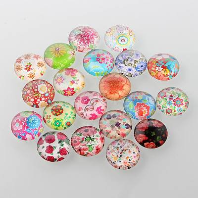 Half Round/Dome Floral Printed Glass Cabochons GGLA-A002-20mm-UU-1