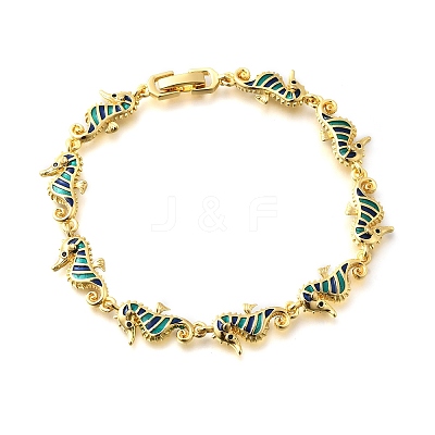 Brass Enamel Turquoise Sea Horse Link Chain Bracelets LS-BJEW-C118-03G-1
