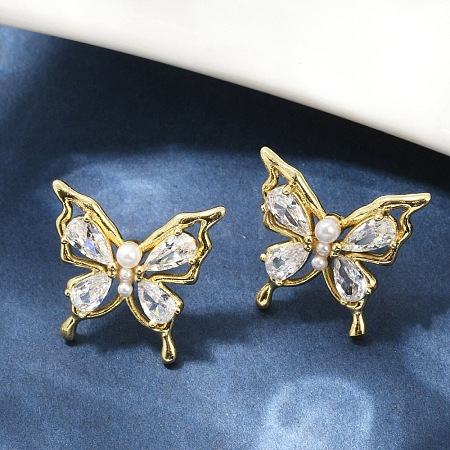 Butterfly Brass Micro Pave Cubic Zirconia Stud Earrings EJEW-M082-17G-02-1