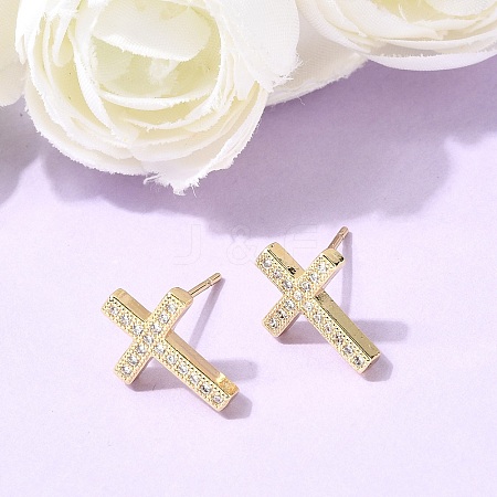 Cross Brass Micro Pave Clear Cubic Zirconia Stud Earrings EJEW-C186-18G-01-1