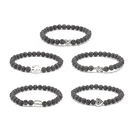 Natural Lava Rock & Alloy Beaded Stretch Bracelet BJEW-JB08309-1