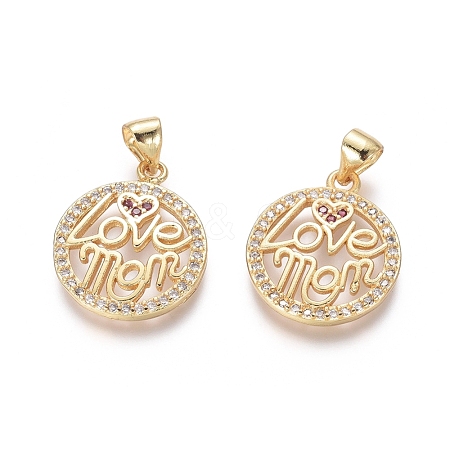  Jewelry Beads Findings Golden Plated Brass Pendants, with Cubic Zirconia, Flat Round with Word Love Mom, for Mother