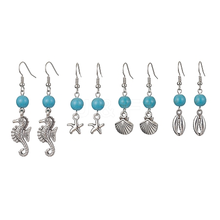 Synthetic Turquoise Beaded Dangle Earrings EJEW-JE05496-1