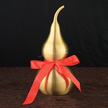 Brass Hollow Tilted Head Gourd Statue Ornament with Red Luck Strip DJEW-PW0018-03E-1