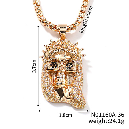 Brass Crystal Rhinestone Skull Crowned Jesus Pendant Box Chain Necklaces PU6252-1-1