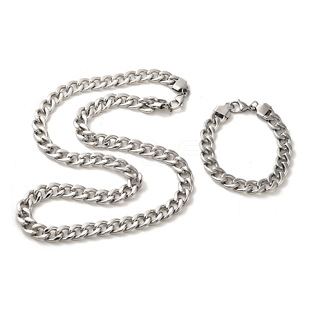 Unisex 304 Stainless Steel Curb Chain Bracelet & Necklace Jewelry Sets SJEW-L198-003P-1