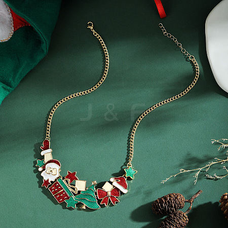 Christmas Tree Santa Claus Gift Box Alloy Green & Dark Red Enamel Bib Necklaces for Women Men WG4C6FF-02-1