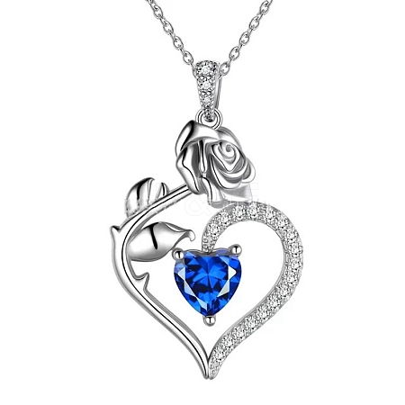 Rhodium Plated 925 Sterling Silver Pave Cubic Zirconia Rose Heart Birthstone Pendant Cable Chain Necklaces PW-WGEE50C-09-1