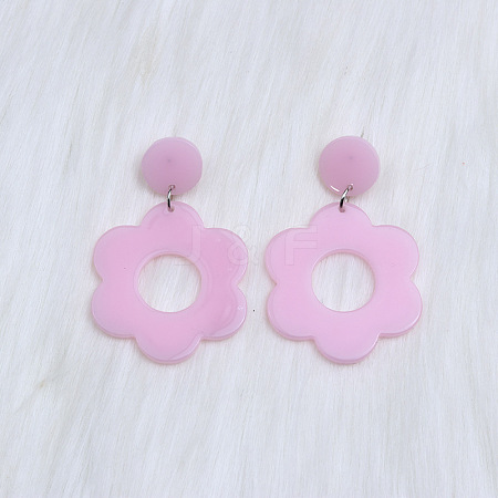 Flower with Flat Round Opaque Acrylic Dangle Stud Earrings FS-WG69462-03-1