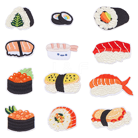 12Pcs 12 Styles Sushi Polyester Embroider Thread Iron on/Sew On Patches DIY-DC0003-87-1
