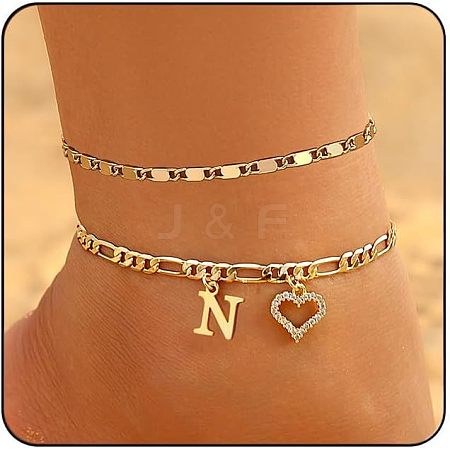 Brass Crystal Rhinestone Letter Heart Charm Double Layer Anklets for Women FS-WG41372-14-1