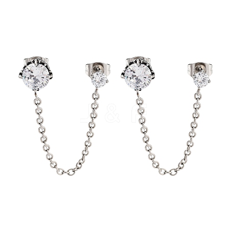 Flower 316 Surgical Stainless Steel Pave Clear Cubic Zirconia Dangle Chains Stud Earrings EJEW-Z050-60AS-1