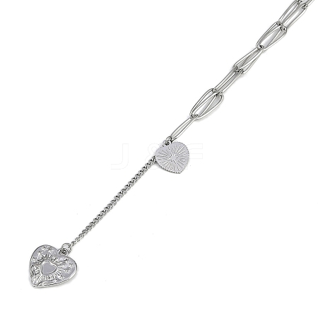 304 Stainless Steel Heart Tassel Pendant Paperclip Chain Necklaces NJEW-I129-04P-1