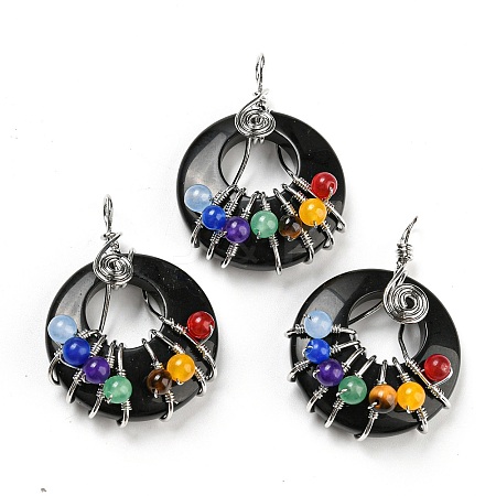 Chakra Natural Obsidian Flat Round Pendants G-Z033-06P-04-1