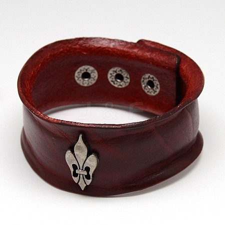Trendy Unisex Casual Style Alloy Fleur De Lis Studded Leather Cord Wide Wristband Bracelets BJEW-L285-04-1