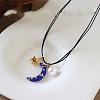 Brass Enamel Blue Crescent Moon Pendant Black Imitation Leather Cord 2-Strand Necklaces for Women WG612AC-01-3