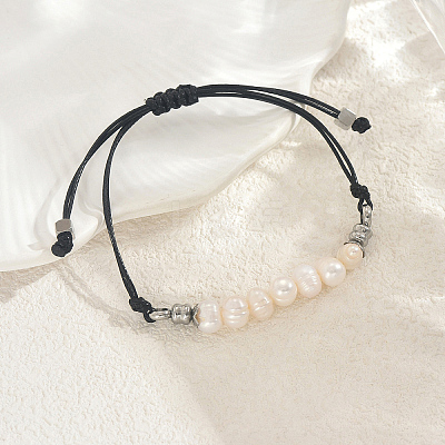 Bohemian Natural Cultured Pearl Rice Braided Bead Bracelets with 201 Stainless Steel Beads NX1549-1-1