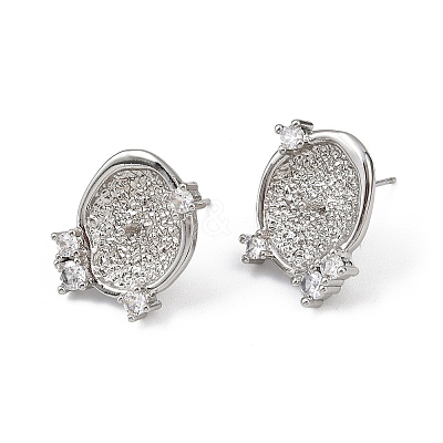 Brass Micro Pave Clear Cubic Zirconia Flat Round Stud Earring Findings KK-H524-08P-1