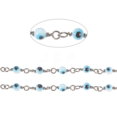 3.28 Feet Handmade Evil Eye Lampwork Round Beaded Chains X-CHC-G009-A-B03-1