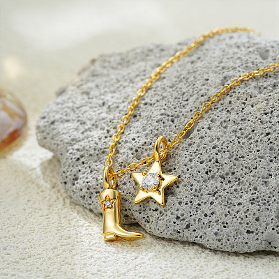 304 Stainless Steel Micro Pave Clear Cubic Zirconia Cowboy Boot and Star Pendant Necklaces FS-WGF88B1-04-1