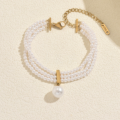 Natural Freshwater Pearl Round Charm Multi-strand Bracelets with 201 Stainlee Steel End Chains UK4868-1