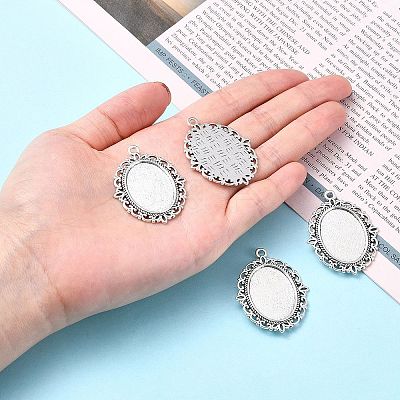 Tibetan Style Antique Silver Alloy Flat Oval Pendant Cabochon Settings LS-TIBEP-M022-20AS-1