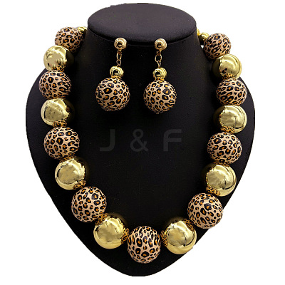 Alloy & Wood & CCB Plastic Round Beaded Necklaces & Stud Dangle Earrings Sets FS-WGB5D6A-02-1