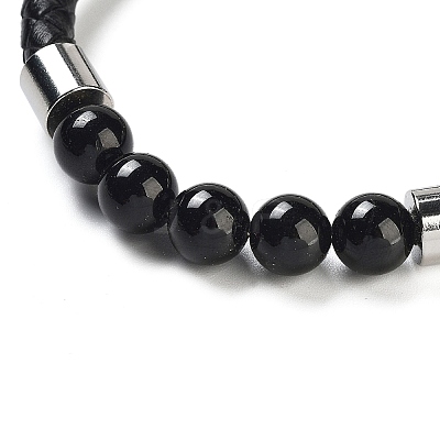 Natural Tourmaline Round Bead Braided Leather Cord Bracelets for Men Women BJEW-A009-11P-07-1